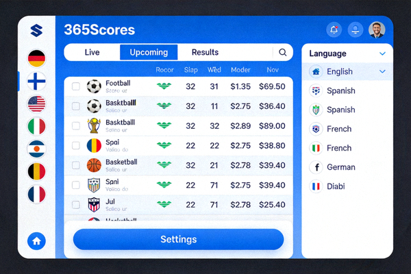 365Scores APP界面截图，多语言支持的国际比分应用